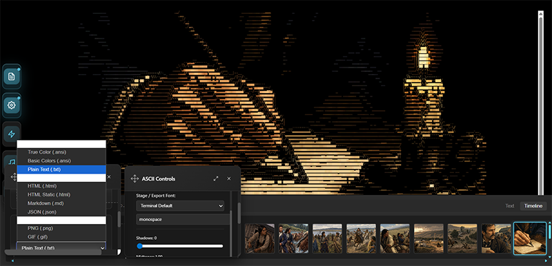 ASCIInator3000 export and timeline UI