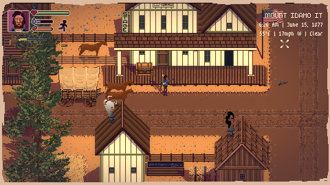 In-game view of Mount Idaho, June 1877: frontier town street with buildings, wagon, and UI showing date and conditions.